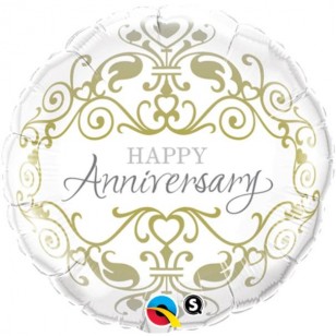 Happy Anniversary White & Gold Filigree Balloon
