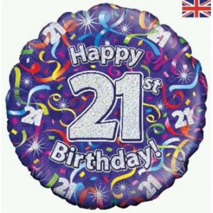 Purple Streamers 21st Birthday Balloon